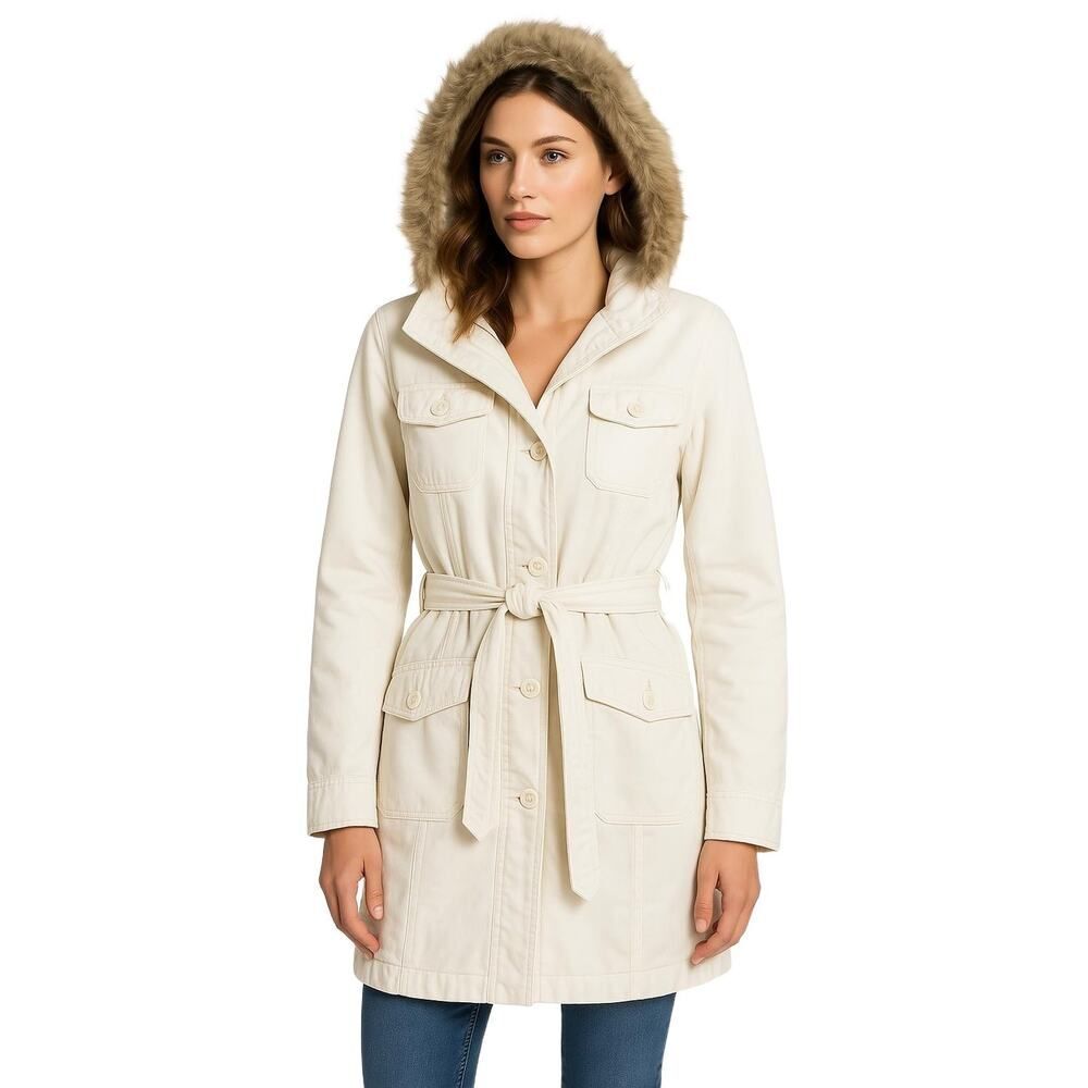Mexx Off White Denim Fur Hood Belted Pocket Trench Coat Womens 8